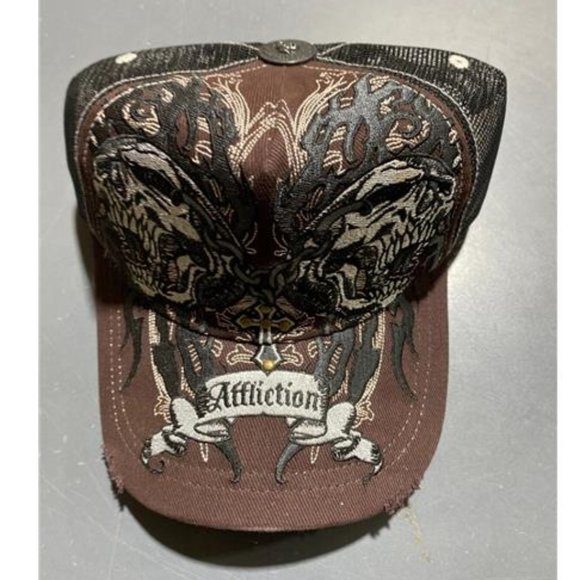 Affliction X Ozzy Osborne Vintage New Double Skull Brown Hat Adult OSFM Trucker - Picture 4 of 6